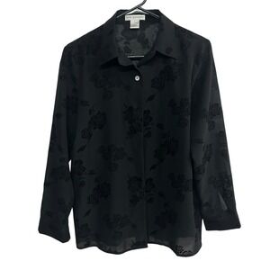 Black Burnout Velvet Sheer Blouse M Button Gothic Noir Romantic Dark Feminine